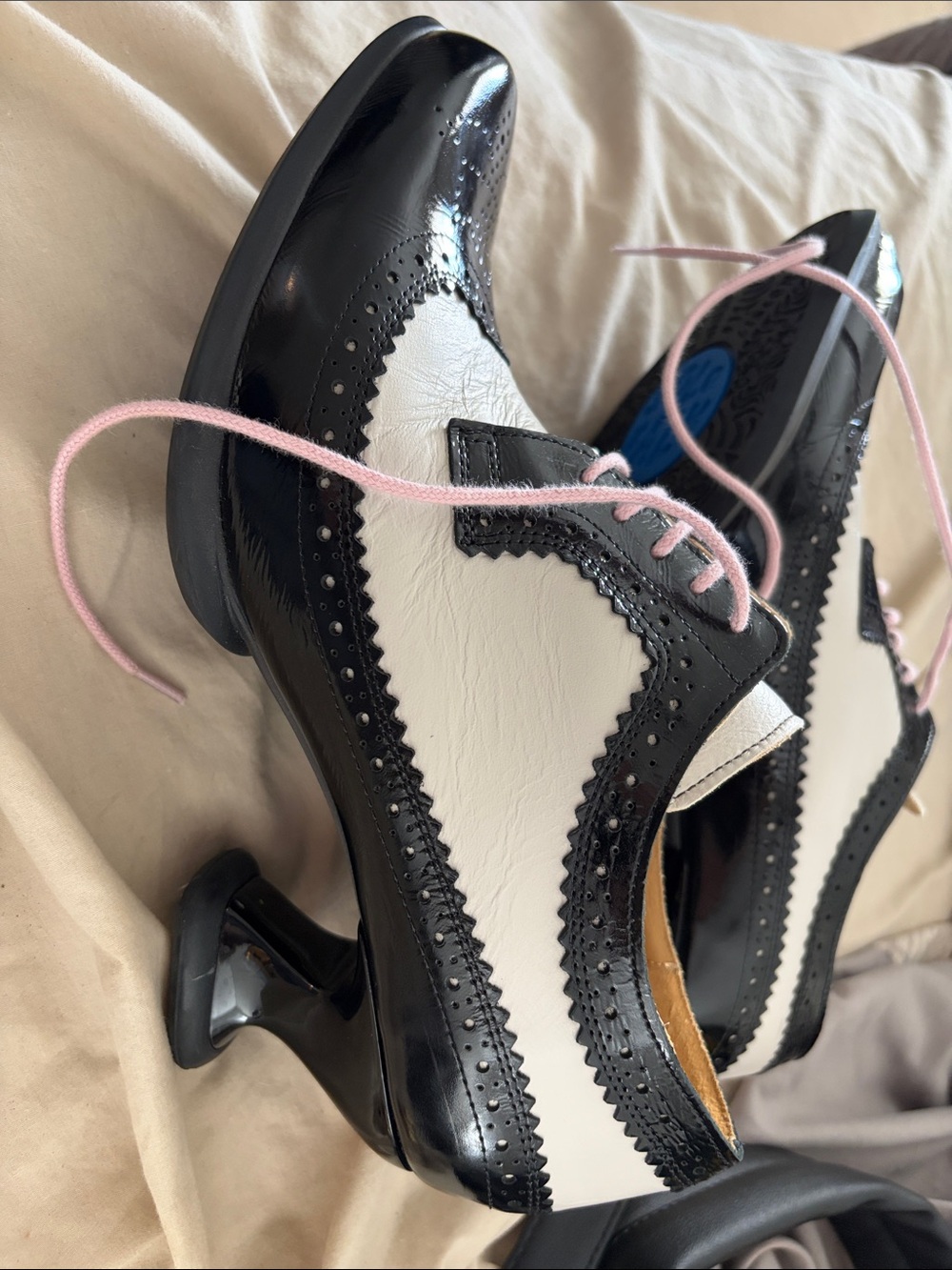 John Fluevog Black & White Wingtip Oxfords with Pink Laces